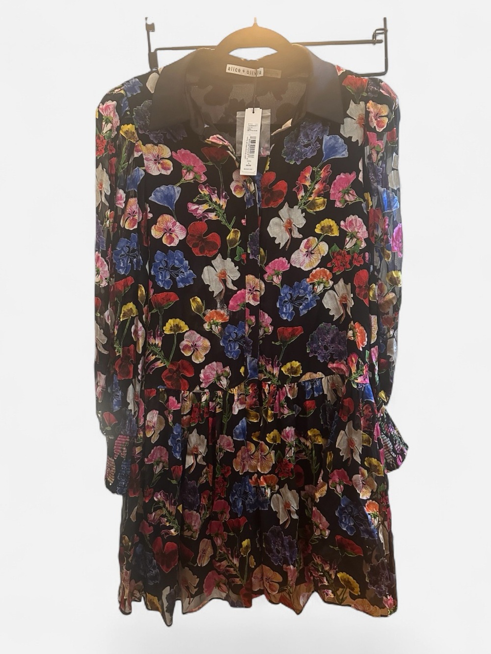 Alice + Olivia Black Timeless Blossom Silk Blend Floral Long Sleeve Dress